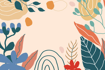 Memphis background abstract plants and leaves. hand drawing, curved lines and spots, spirals and dots trendy colors.