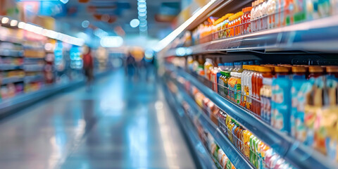 Supermarket aisle filled with rows of packaged goods blurred shoppers in the background, creating a sense of movement and abundance.