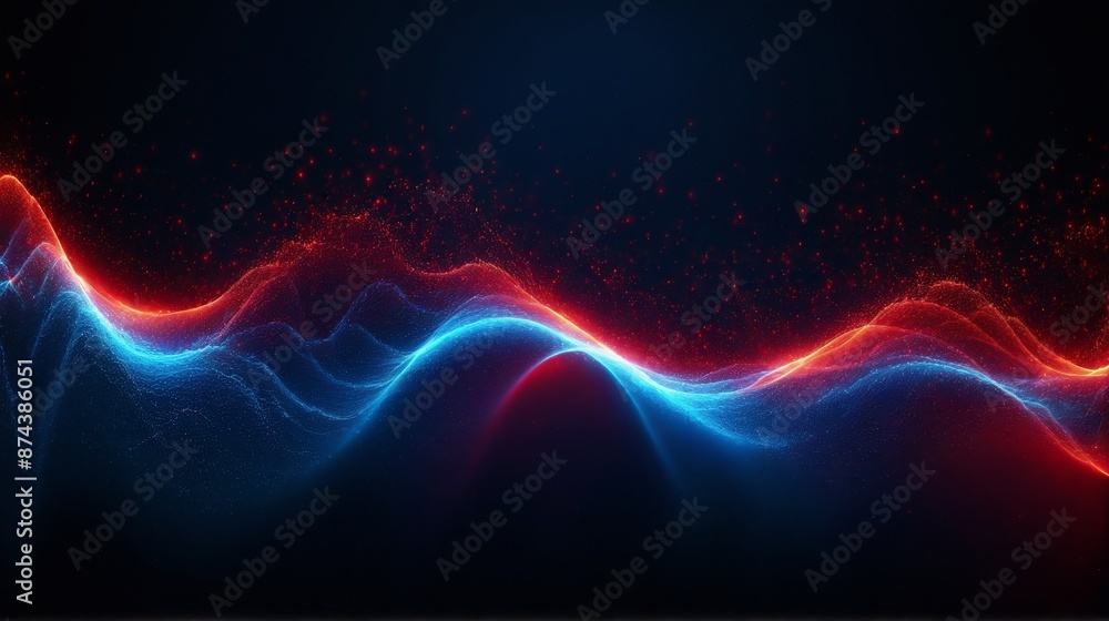 Poster a mesmerizing 3d render of a vibrant energy flow, depicted as a swirling wave of red and blue partic