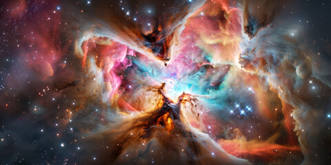 A vibrant nebula, resembling a butterfly's wings, shines brightly in the night sky, its colors swirling with cosmic energy.