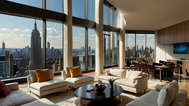 Luxurious Living Room with Panoramic City View of New York City Skyline