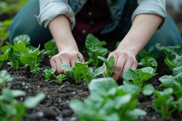 A person's hands are gently tending to small green seedlings growing in a garden bed