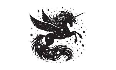 unicorn, Magic unicorn silhouette, Silhouette of a flying unicorn, Unicorn head circle tattoo illustration, horses tattoo. Black unicorn silhouette vector style and white background