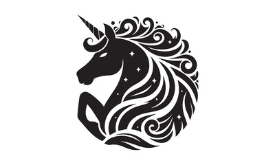 unicorn, Magic unicorn silhouette, Silhouette of a flying unicorn, Unicorn head circle tattoo illustration, horses tattoo. Black unicorn silhouette vector style and white background