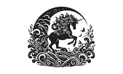 unicorn, Magic unicorn silhouette, Silhouette of a flying unicorn, Unicorn head circle tattoo illustration, horses tattoo. Black unicorn silhouette vector style and white background