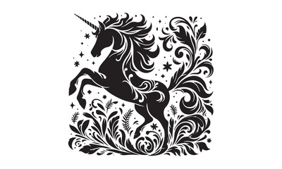 unicorn, Magic unicorn silhouette, Silhouette of a flying unicorn, Unicorn head circle tattoo illustration, horses tattoo. Black unicorn silhouette vector style and white background