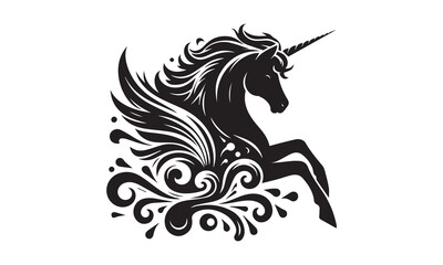 unicorn, Magic unicorn silhouette, Silhouette of a flying unicorn, Unicorn head circle tattoo illustration, horses tattoo. Black unicorn silhouette vector style and white background
