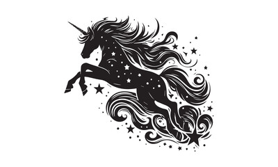 unicorn, Magic unicorn silhouette, Silhouette of a flying unicorn, Unicorn head circle tattoo illustration, horses tattoo. Black unicorn silhouette vector style and white background