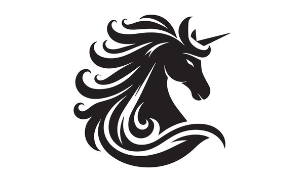 unicorn, Magic unicorn silhouette, Silhouette of a flying unicorn, Unicorn head circle tattoo illustration, horses tattoo. Black unicorn silhouette vector style and white background