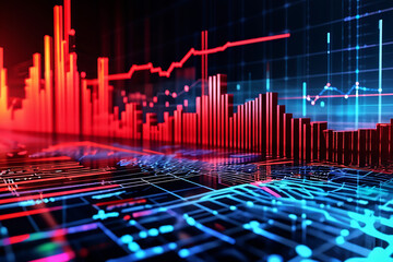 Abstract financial chart, downtrend line graph slicing through a sea of crimson