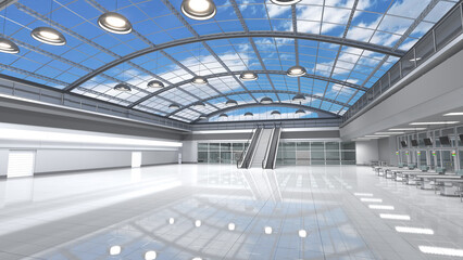 Shopping mall interior with store facades, escalators and a vaulted transparent roof overlooking the sky with clouds. 3d illustration
