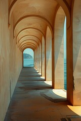 Obraz premium A long, narrow hallway with white pillars and a blue sky in the background. The hallway is empty and the only person visible is a shadow on the wall