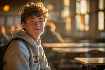 Fototapeta premium Portrait of a 14 year old teenage boy sitting in a classroom in early morning on back to school day 
