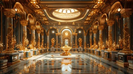 Obraz premium Golden Hallway With Statues and Chandeliers in a Grand Palace