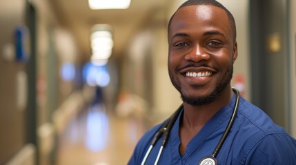 Fototapeta premium Smiling Doctor in Hospital Hallway Generative AI