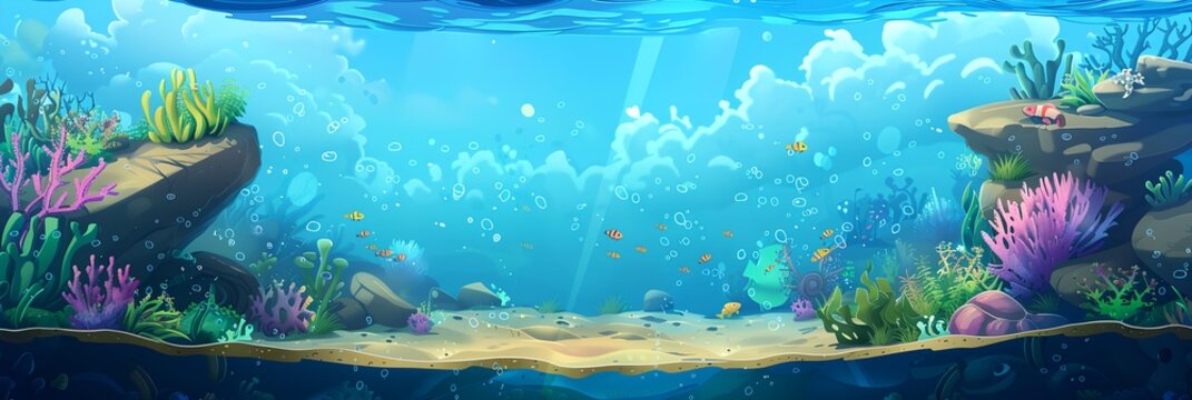A computer generated image of a coral reef with a variety of fish swimming around. Scene is peaceful and serene, as the fish are swimming in the clear blue water