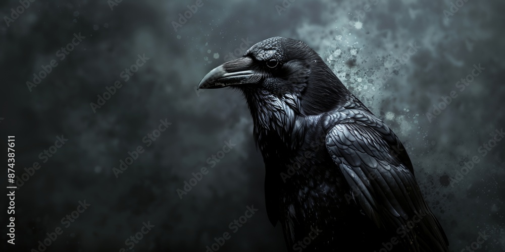 Poster a black crow is standing in front of a dark background. the image has a mysterious and ominous mood,