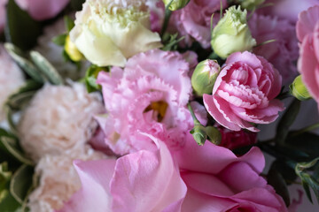 Delicate anemone peony flowers on a light background with copy space. Romantic composition. Wedding invitation. International Women's Day, Mother's Day concept