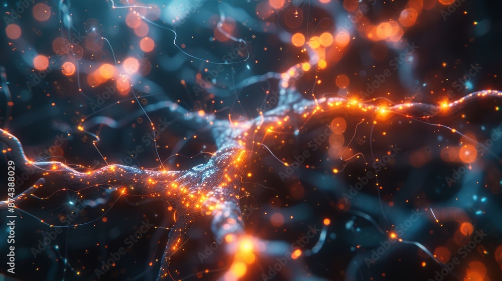 Poster neural network connections on dark blue background generative ai