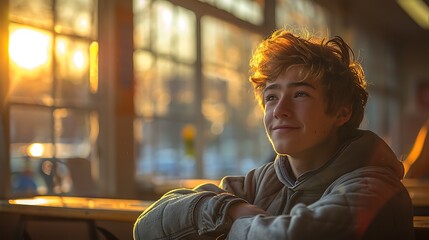 Fototapeta premium Portrait of a 14 year old teenage boy sitting in a classroom in early morning on back to school day 