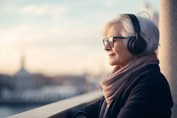 Joyful elderly woman listen to music on her smartphone with headphones