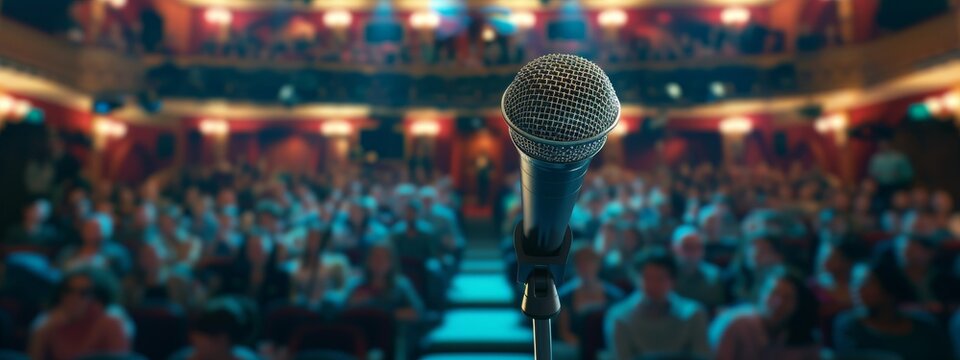 Single Microphone on Stage - Spotlight, Expectant Audience, Live Performance or Speech - Powered by Adobe