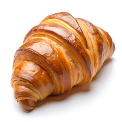 A single croissant with a golden brown, flaky texture is prominently displayed on a white surface. The croissant occupies the majority of the image, offering a detailed view of its layers and inviting