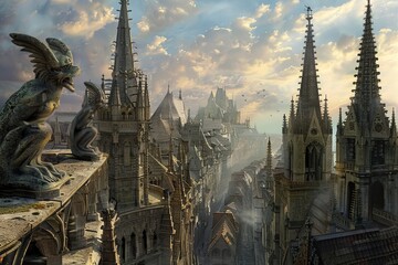 a surreal artwork of a gothic cityscape with spires and gargoyles , --no humans,no numbers --ar 3:2 Job ID: 4b82bad3-06fe-46ce-9ad4-0e51e965d150