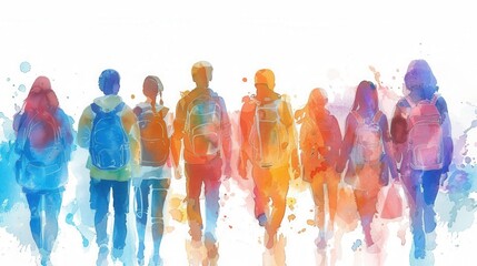 New student orientation, buddy system, making friends, Watercolor style, white background