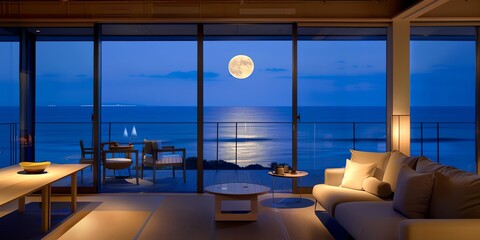 A moon is shining on the water, creating a beautiful reflection. The scene is peaceful and serene, with the moonlight casting a warm glow on the water and the surrounding area