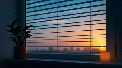 Automated blinds syncing with sunrise and sunset, Realistic, Natural and blue hues, Detailed blinds and light