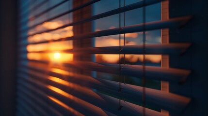 Automated blinds syncing with sunrise and sunset, Realistic, Natural and blue hues, Detailed blinds and light