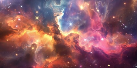 Obraz premium A vivid and colorful nebula with bright stars, swirling clouds, and galaxies in space.