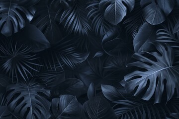 A dark green jungle background with various tropical leaves.