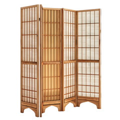 A wooden screen with four panels is displayed on a white background