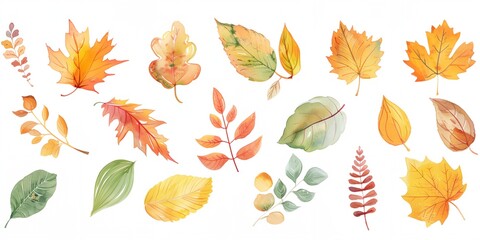 A collection of watercolor leaves in various shades of yellow and green. The leaves are arranged in a line, with some overlapping and others standing alone