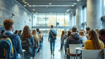 Fototapeta premium Group of students following teachers into a modern lecture hall