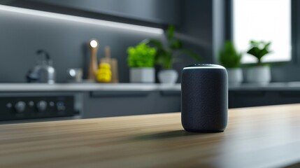 Closeup of a smart speaker on a kitchen counter, Realistic, Natural tones, Detailed speaker and counter