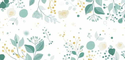 A delicate abstract floral pattern with light green leaves and gold accents on a white background.
