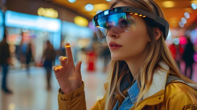 Woman Experiences Futuristic Augmented Reality Shopping with Digital Displays