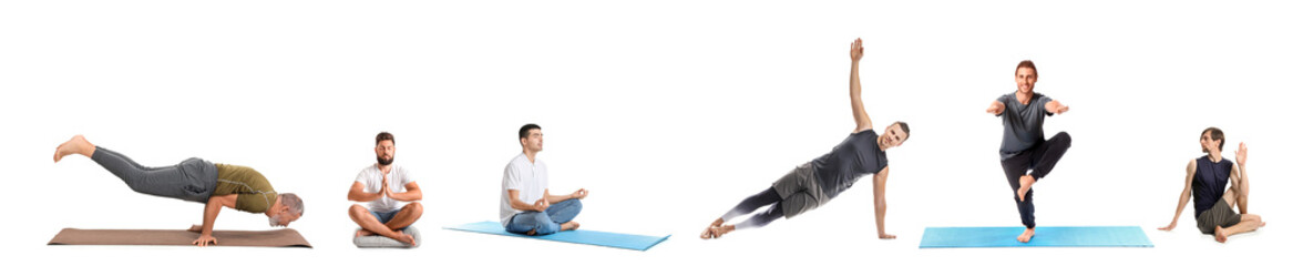 Set of men doing yoga on white background