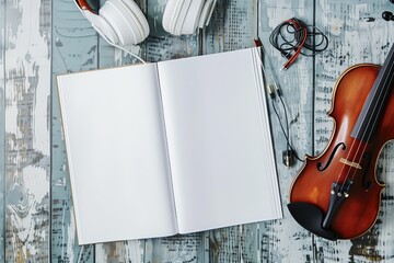 Open white book or notebook pages mockup product presentation lying on table desk with music...