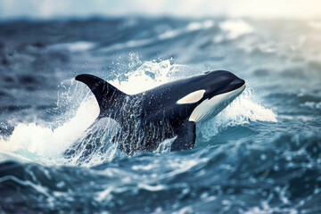 Fototapeta premium Beautiful image of a majestic Orca Whale breaching through ocean waves in its natural habitat