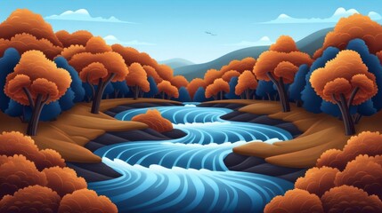 Fototapeta premium Tranquil Autumn River Scene with Vibrant Foliage Detailed Illustration