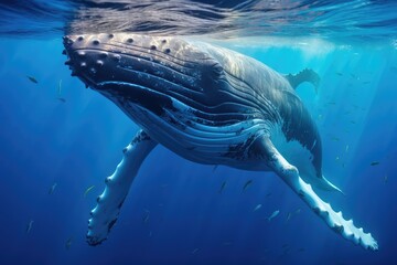 Humpback whale swimming in deep blue ocean. Wildlife scene from underwater.