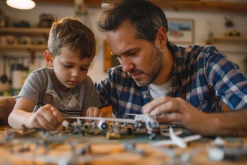 Fototapeta premium A father and his son build a model airplane together at a kitchen table, focused on the project.