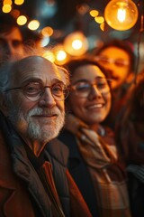 Obraz premium Elderly Man and Young Woman Smiling at Night Market with Warm Lights in Background