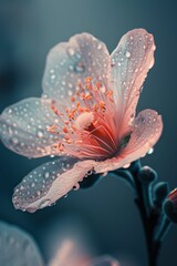 Close-up of a Dew-Kissed Pink Flower Blossom with Delicate Petals and Water Droplets in a Soft Focus Background