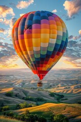 Colorful Hot Air Balloon Soaring Over Rolling Hills at Sunrise with Dramatic Sky and Clouds