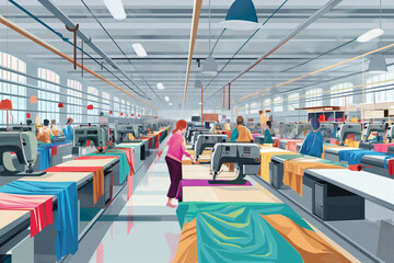 Fototapeta premium Textile workers are manufacturing clothes while using sewing machines in a busy garment factory